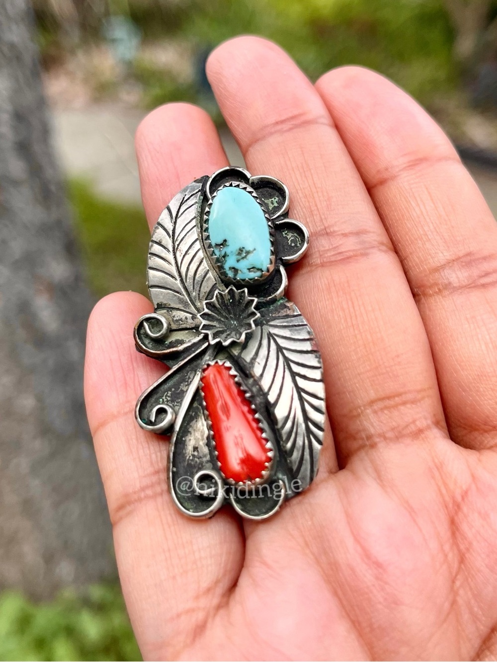 Vintage Native American Sterling Silver Turquoise Coral Ring Navajo style 5
